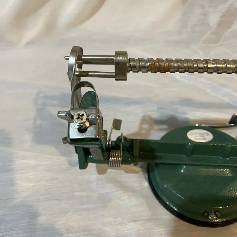 Vintage Green Metal Hand Crank Apple Peeler Corer with Locking Suction Base